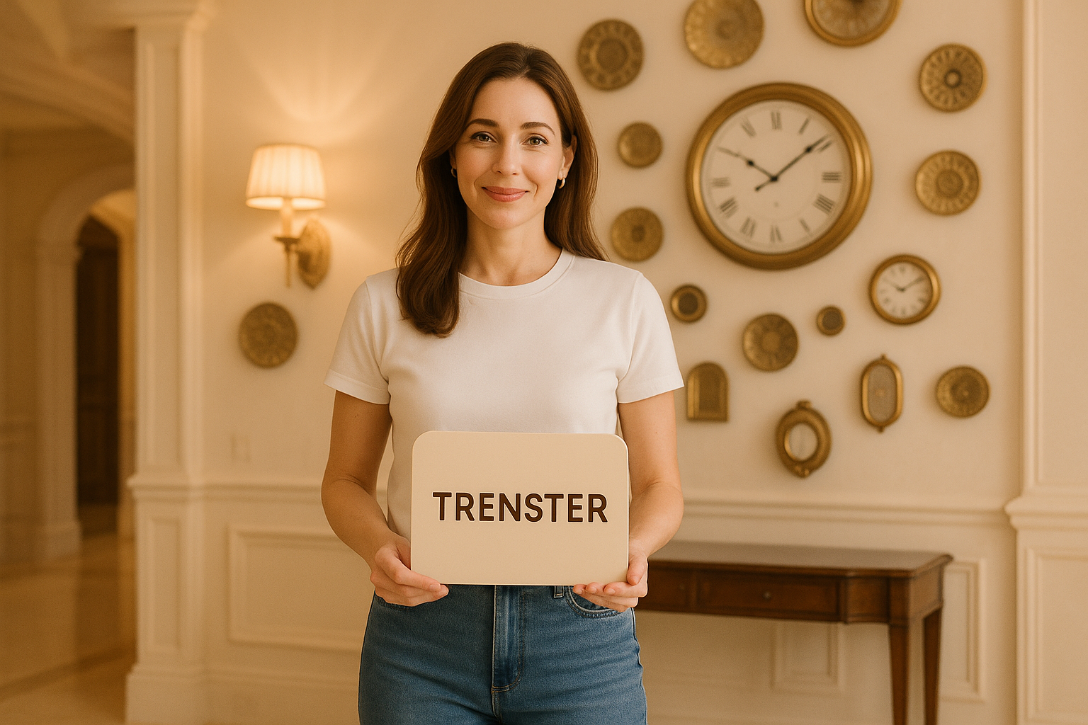 the girl should wear a white tee shirt and blue jeans also she grab a trenster board in hands