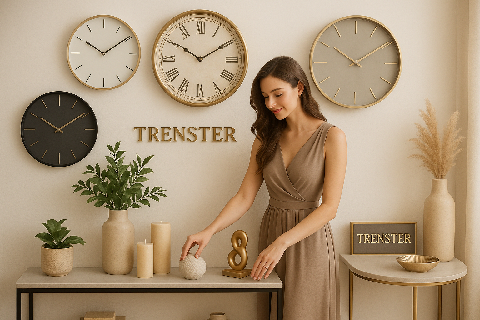 my website name is trenster and i wiuld sell wall clocks and home decore on this website so give me the image with beautifull girl in which the slight touch of my store name and also include my neesh related vibes in the image
